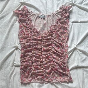 Pink Floral Ruched Cap-Sleeve Camisole
